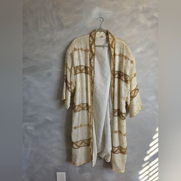 Flapper Style Gunit Cream & Gold Sequin Beaded Duster Kimono Jacket Vtg OS - Picture 12 of 15